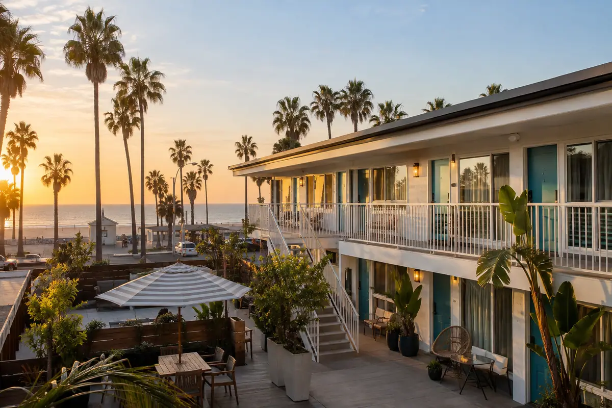 Photoreal travel-editorial view of Huntington Surf Inn in Huntington Beach, California