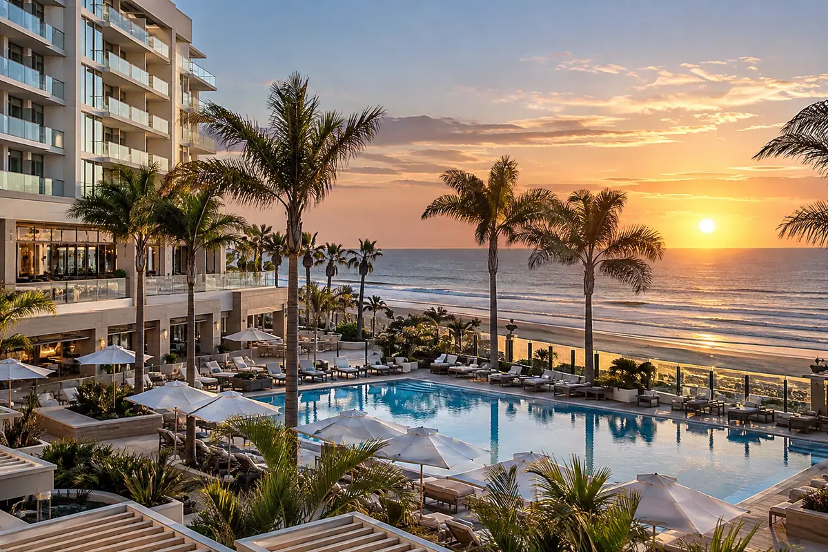 Photoreal travel-editorial view of Paséa Hotel & Spa in Huntington Beach, California