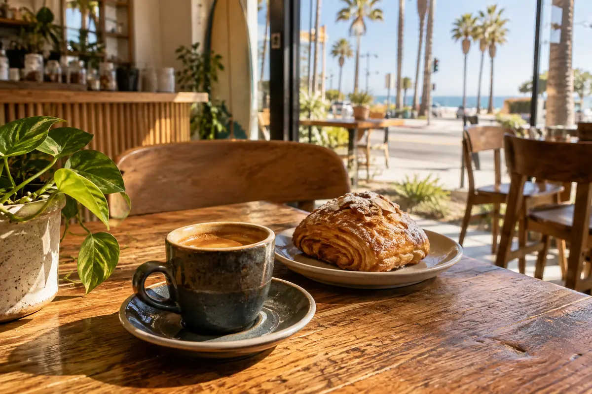 Photoreal travel-editorial view of AOSA Coffee in Huntington Beach, California
