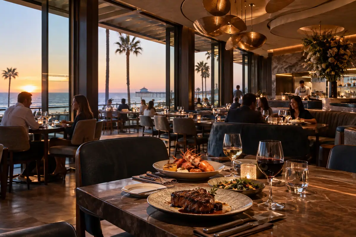 Photoreal travel-editorial view of Bluegold in Huntington Beach, California