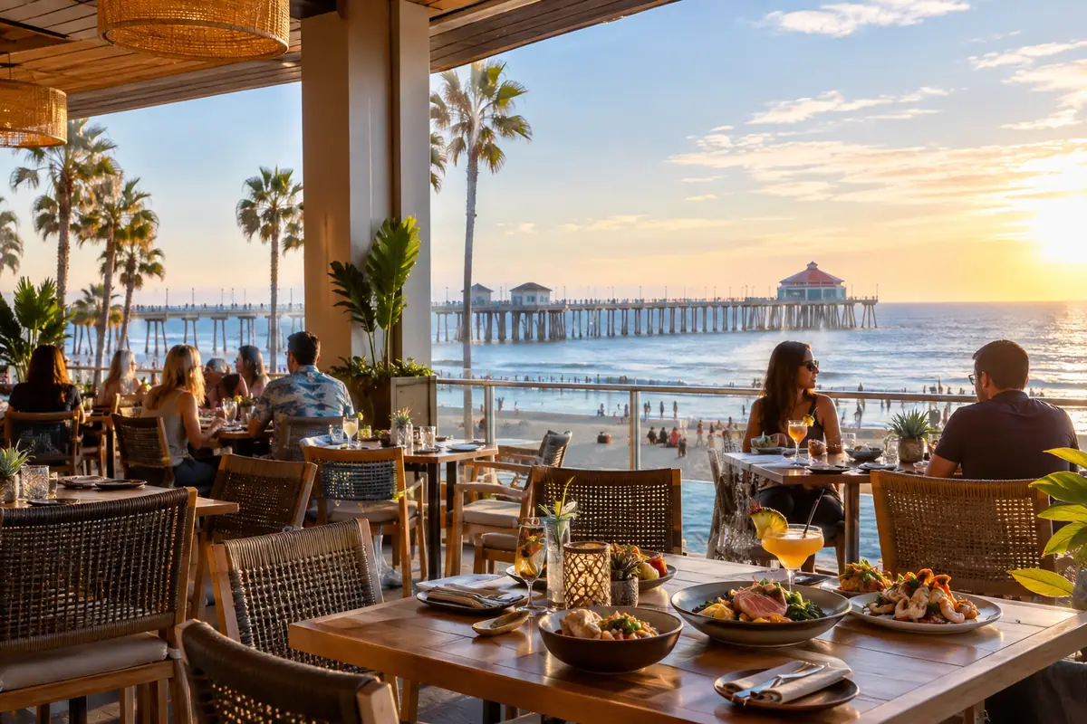 Photoreal travel-editorial view of Duke's Huntington Beach in Huntington Beach, California