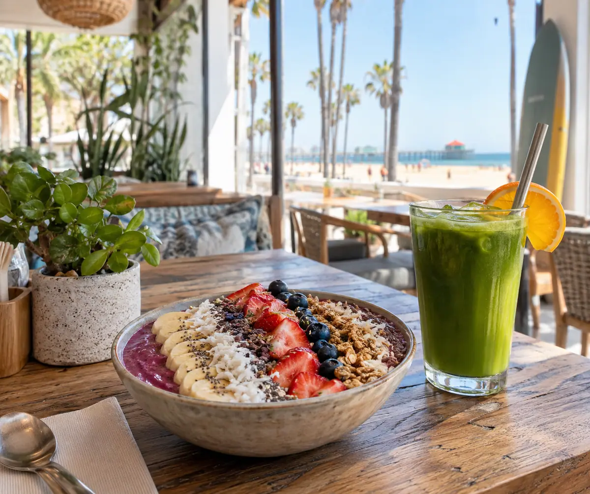 Photoreal travel-editorial view of Jan's Health Bar in Huntington Beach, California
