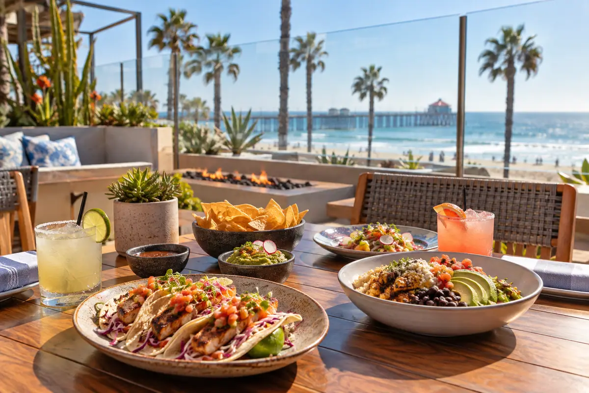 Photoreal travel-editorial view of Ola Mexican Kitchen in Huntington Beach, California