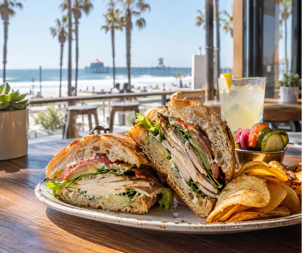 Photoreal travel-editorial view of Sessions West Coast Deli in Huntington Beach, California