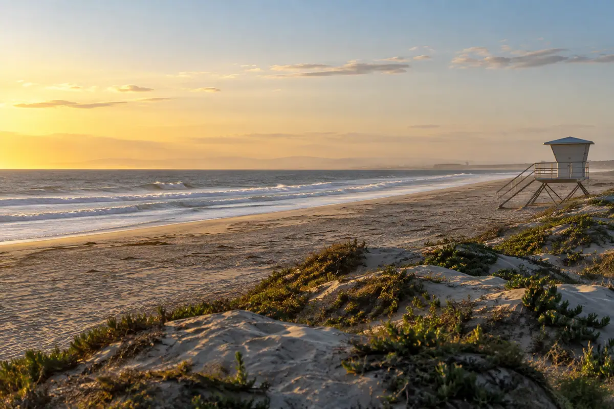 Photoreal travel-editorial view of Bolsa Chica State Beach in Huntington Beach, California