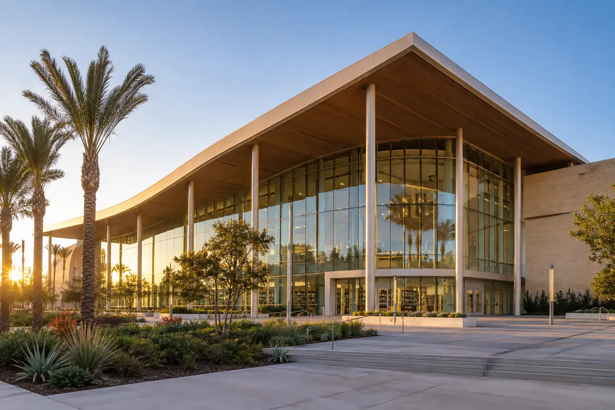 Photoreal travel-editorial view of Huntington Beach Central Library in Huntington Beach, California