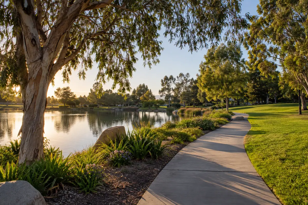 Photoreal travel-editorial view of Huntington Central Park in Huntington Beach, California