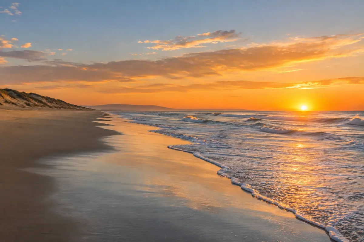 Photoreal travel-editorial view of Sunset Beach in Huntington Beach, California