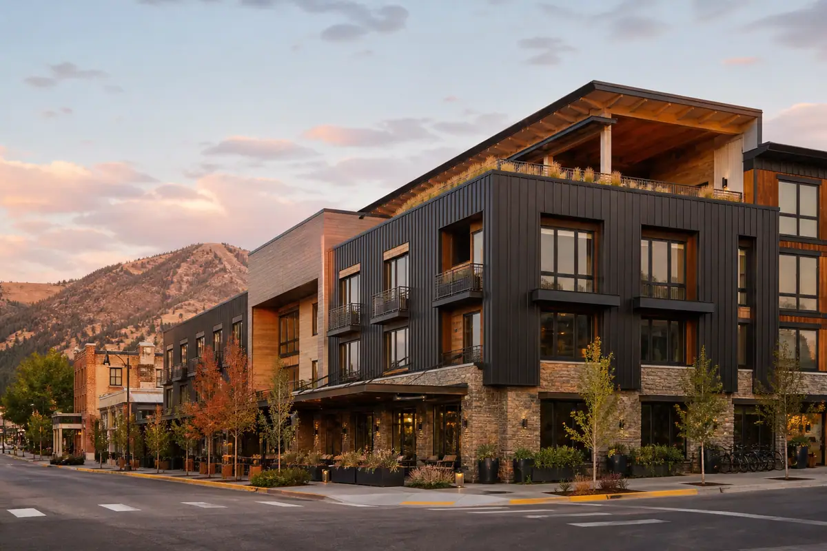 Photorealistic travel-editorial view of Hotel Jackson in Jackson, Wyoming