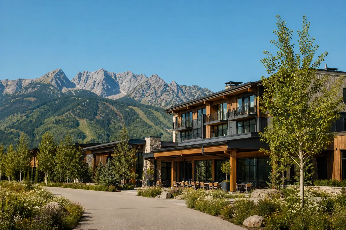 Photorealistic travel-editorial view of Hotel Terra Jackson Hole in Jackson, Wyoming