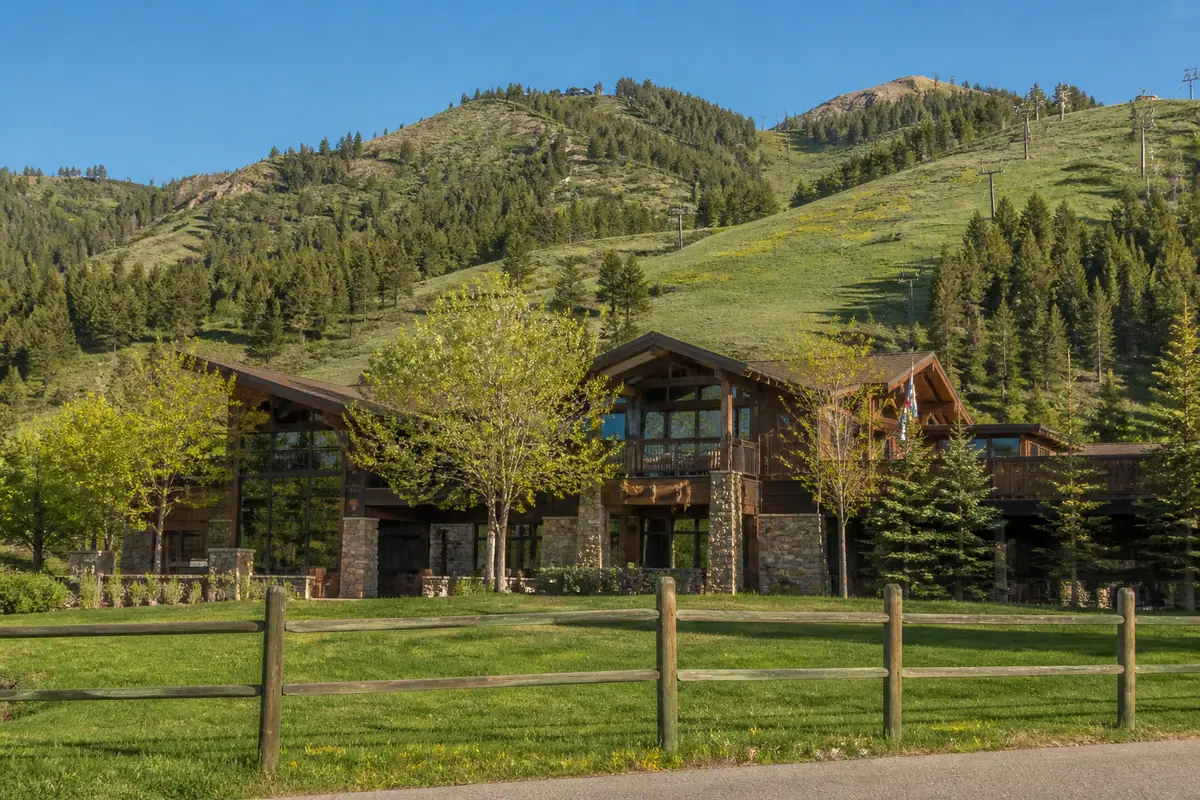 Photorealistic travel-editorial view of Snow King Resort in Jackson, Wyoming