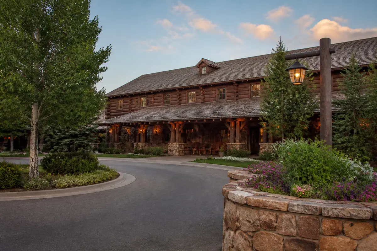 Photorealistic travel-editorial view of The Virginian Lodge in Jackson, Wyoming