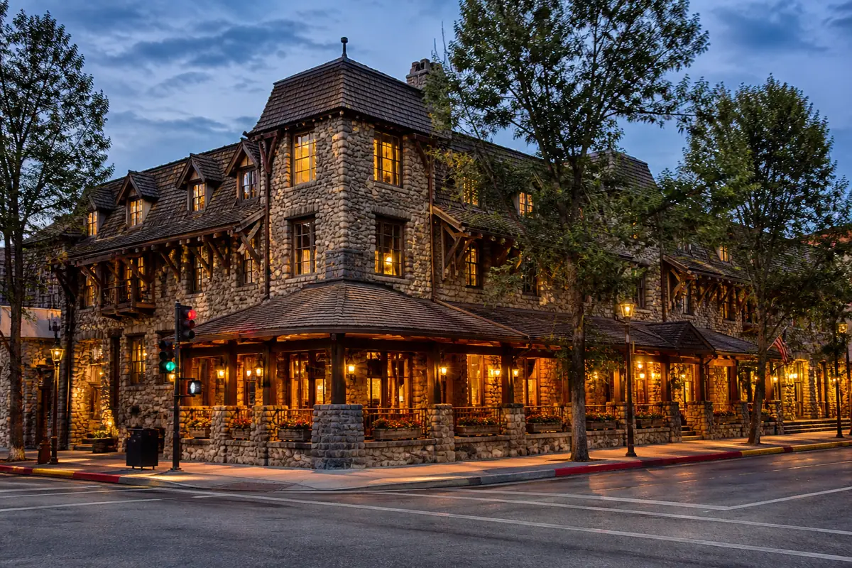 Photorealistic travel-editorial view of The Wort Hotel in Jackson, Wyoming