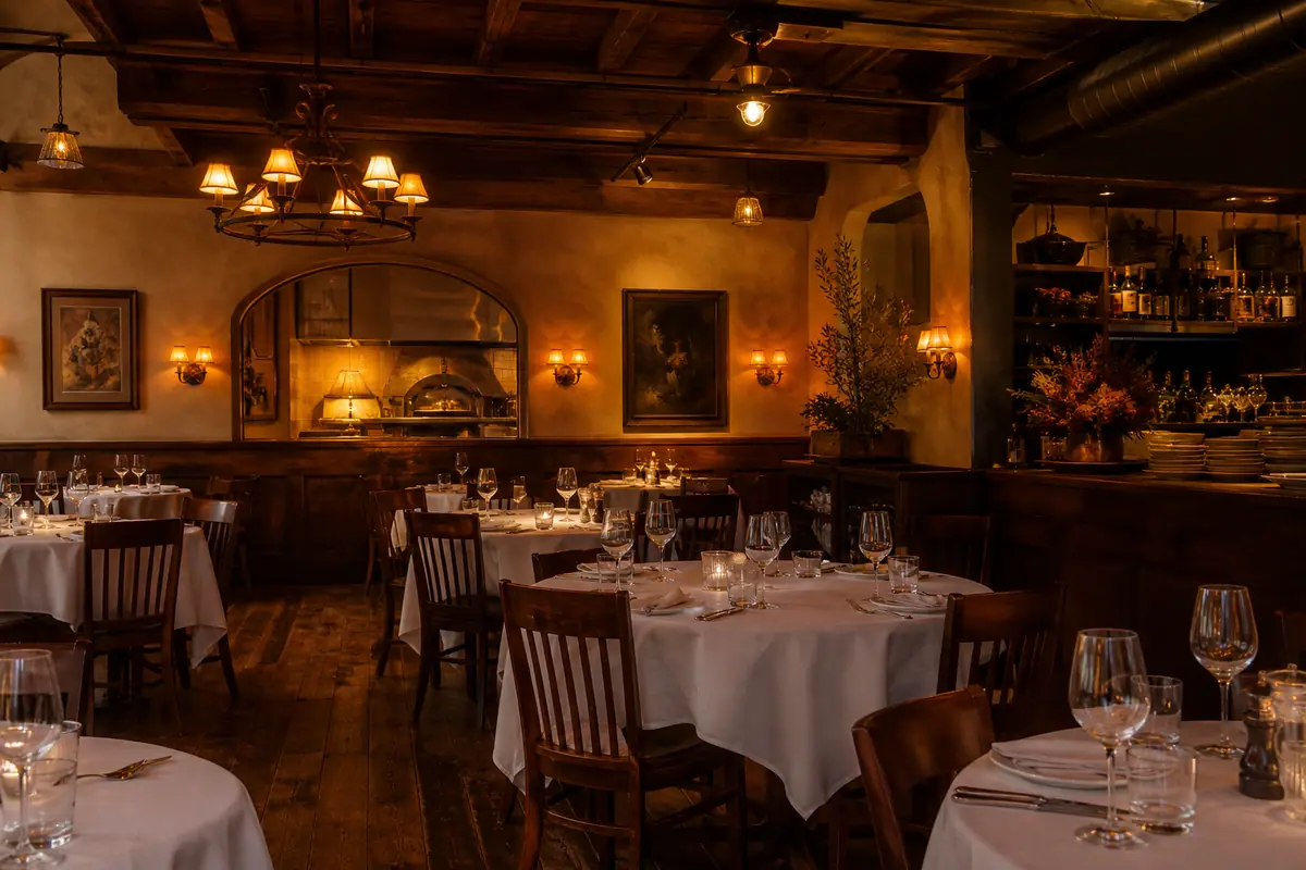 Photorealistic travel-editorial view of Glorietta Trattoria in Jackson, Wyoming