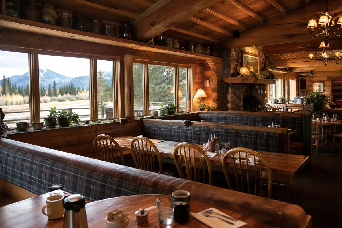 Photorealistic travel-editorial view of Nora's Fish Creek Inn in Jackson, Wyoming