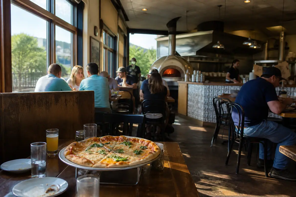 Photorealistic travel-editorial view of Pinky G's Pizzeria in Jackson, Wyoming
