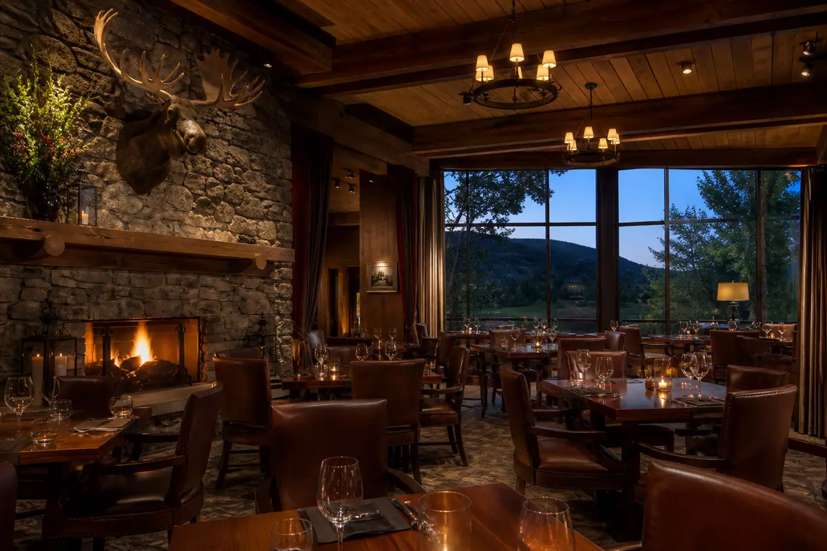 Photorealistic travel-editorial view of Snake River Grill in Jackson, Wyoming