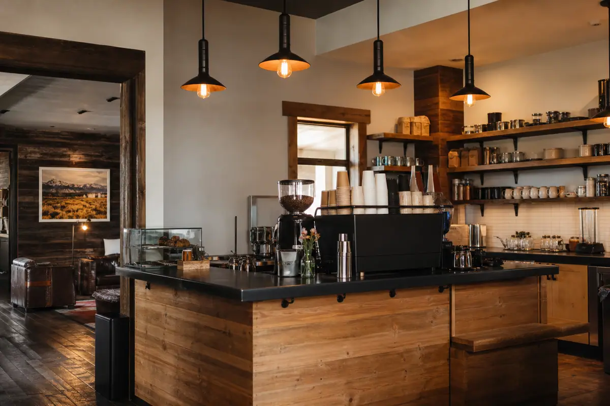Photorealistic travel-editorial view of Snake River Roasting Co. in Jackson, Wyoming