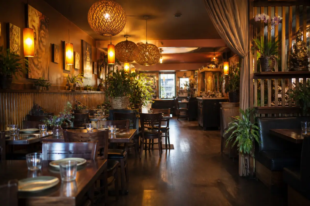 Photorealistic travel-editorial view of Teton Thai in Jackson, Wyoming