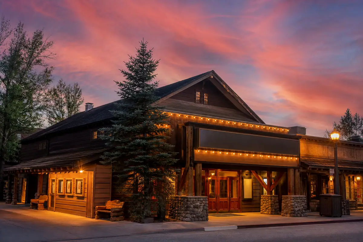 Photorealistic travel-editorial view of Jackson Hole Playhouse in Jackson, Wyoming