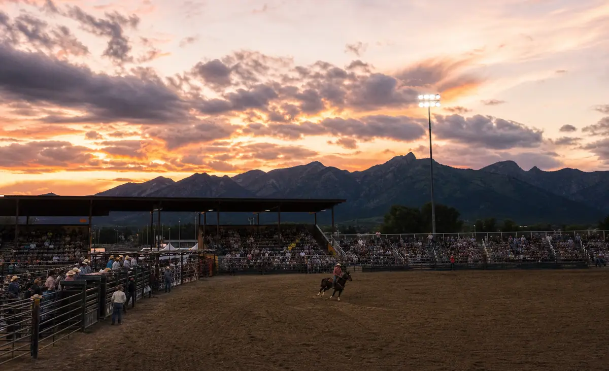 Photorealistic travel-editorial view of Jackson Hole Rodeo in Jackson, Wyoming