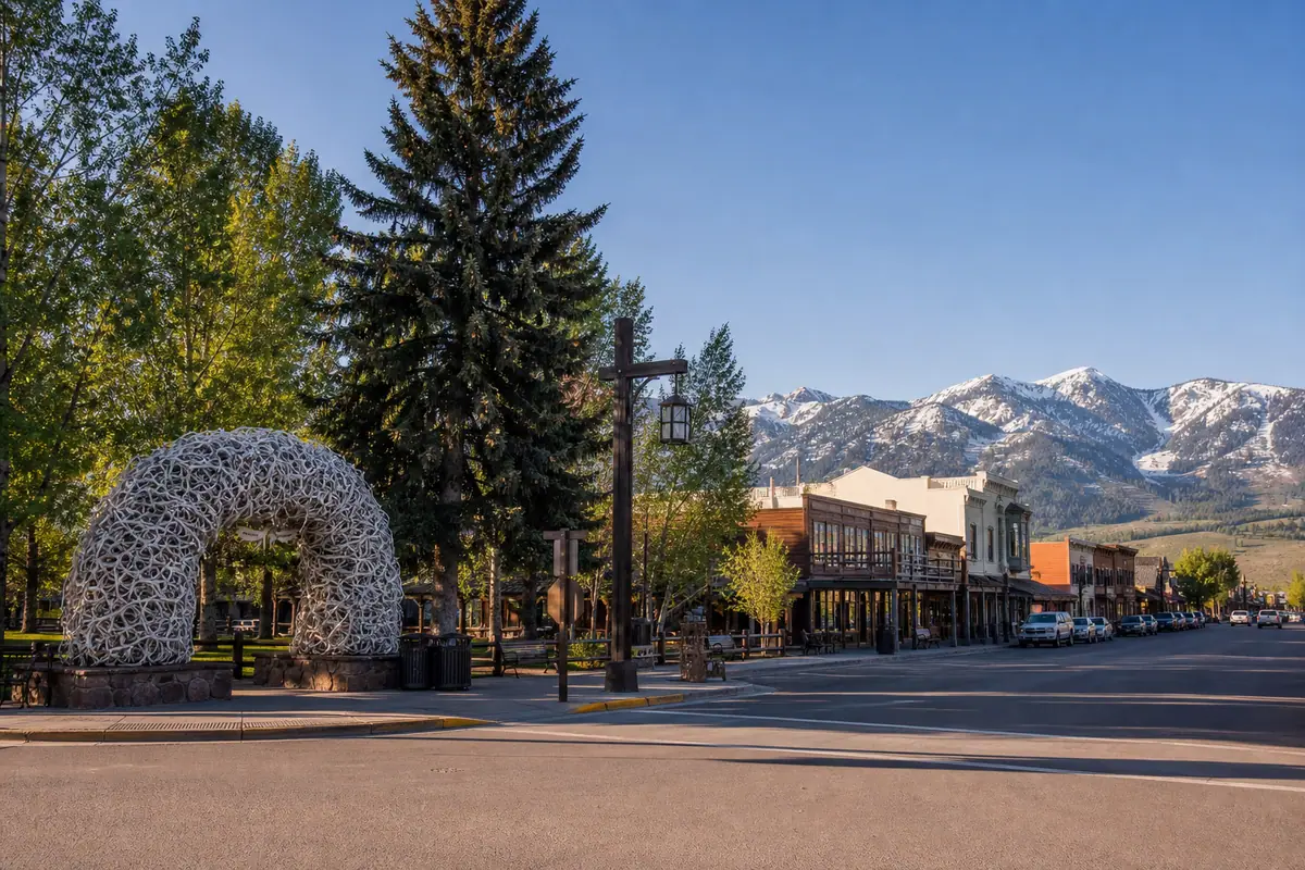 Photorealistic travel-editorial view of Jackson Town Square and Elk Antler Arches in Jackson, Wyoming