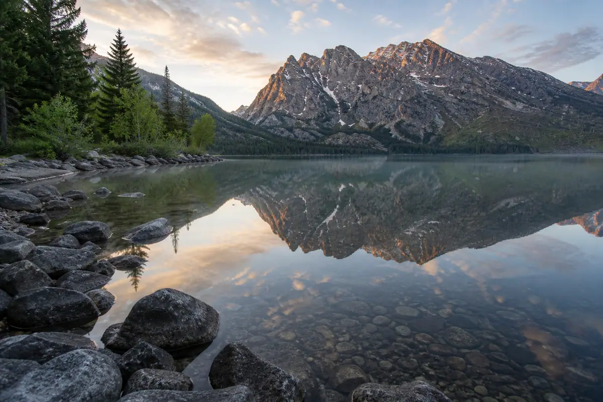 Photorealistic travel-editorial view of Jenny Lake Scenic Area in Jackson, Wyoming