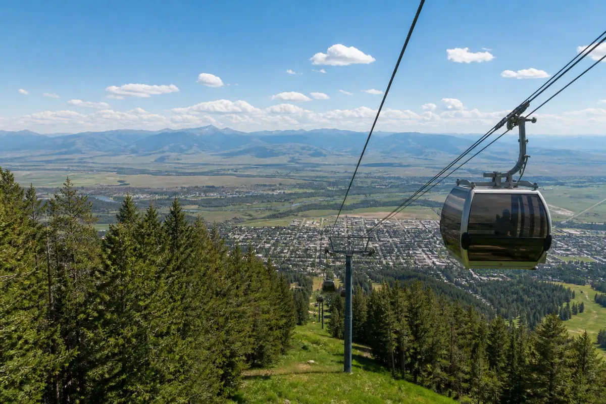 Photorealistic travel-editorial view of Snow King Mountain Scenic Gondola in Jackson, Wyoming