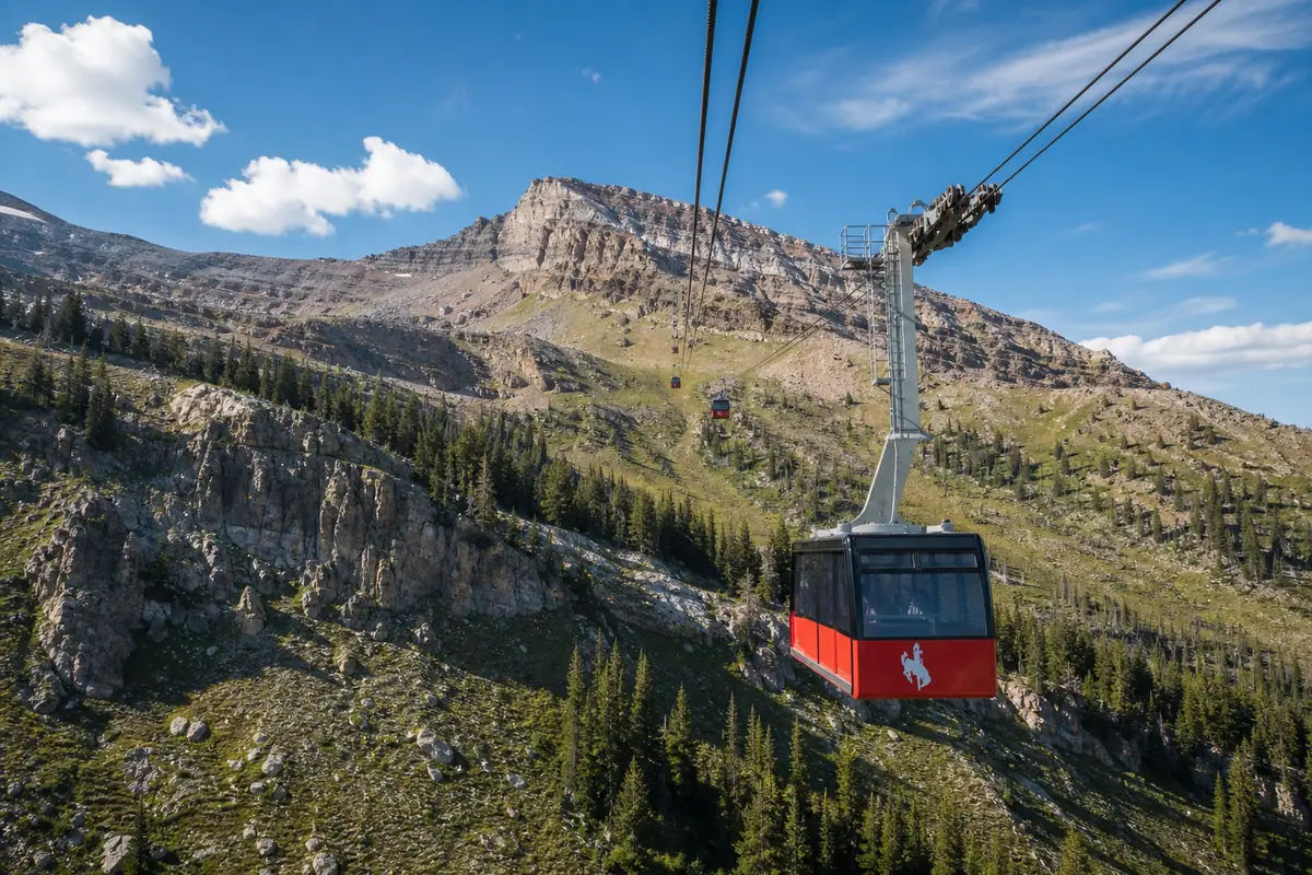 Photorealistic travel-editorial view of Teton Village Aerial Tram in Jackson, Wyoming