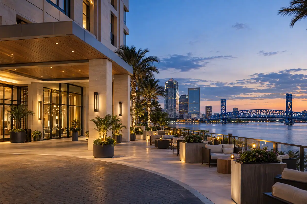 Photoreal travel-editorial view of Hyatt Regency Jacksonville Riverfront in Jacksonville, Florida