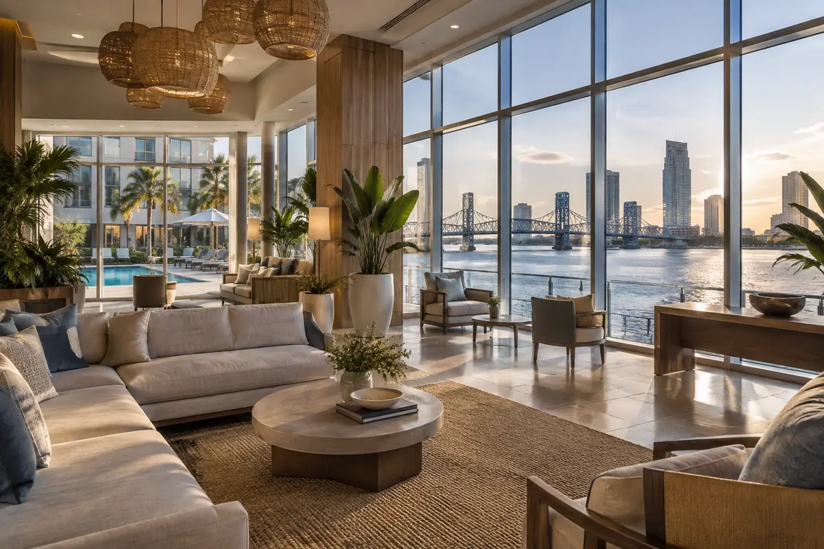 Photoreal travel-editorial view of Southbank Hotel Jacksonville Riverwalk in Jacksonville, Florida