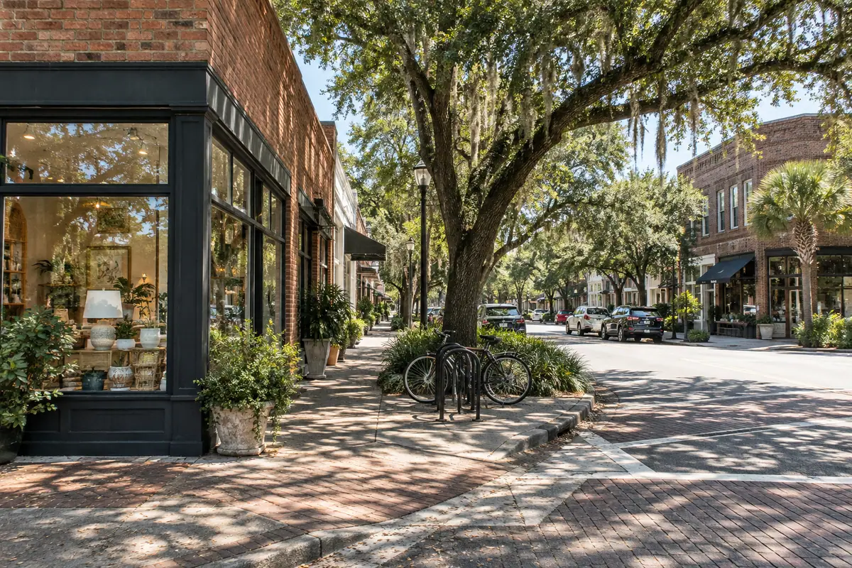 Photoreal travel-editorial view of Five Points and Riverside walk in Jacksonville, Florida