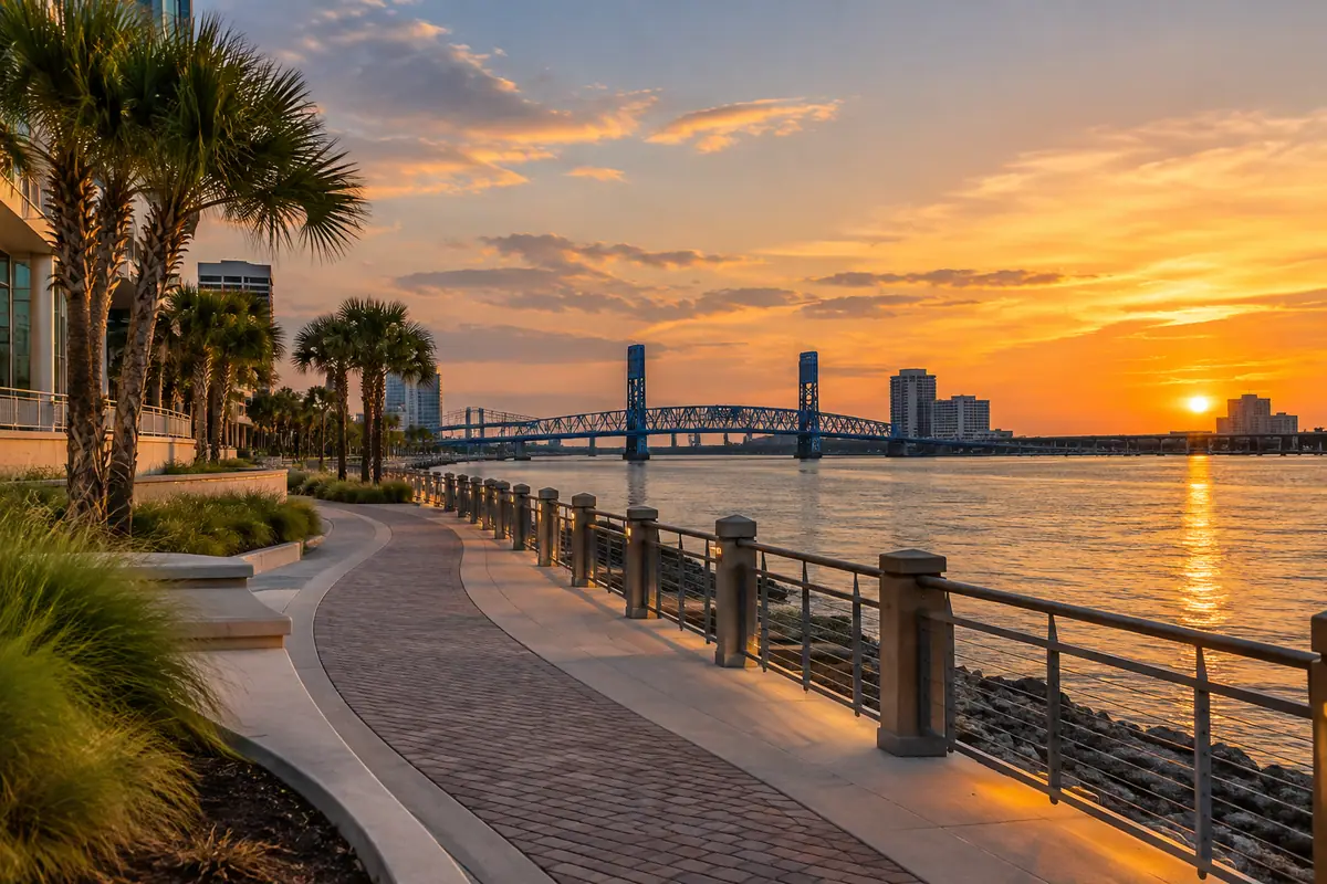 Photoreal travel-editorial view of Jacksonville Riverwalk in Jacksonville, Florida