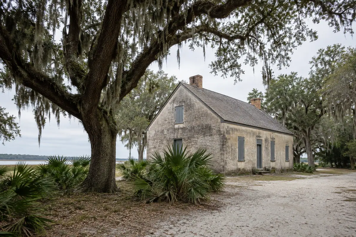 Photoreal travel-editorial view of Kingsley Plantation in Jacksonville, Florida