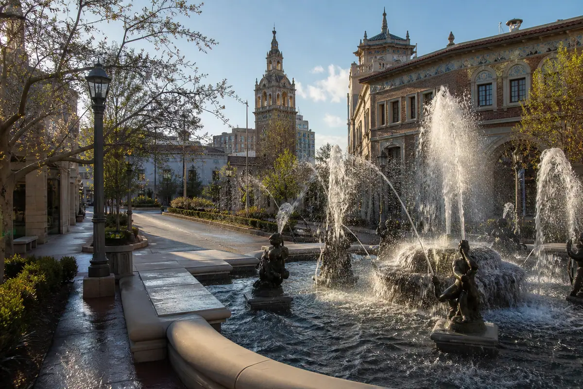 Photoreal travel-editorial view of Country Club Plaza Fountain Walk in Kansas City, Missouri