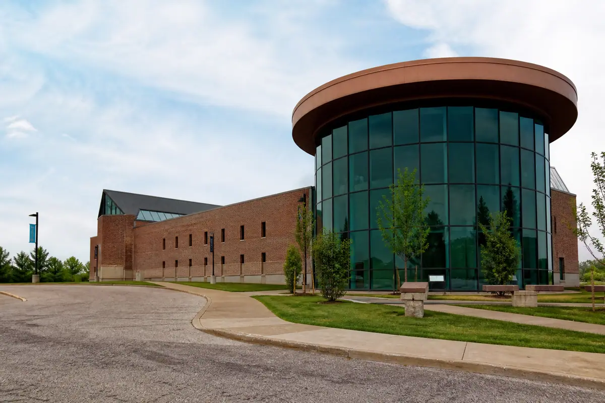 Photoreal travel-editorial view of Negro Leagues Baseball Museum in Kansas City, Missouri