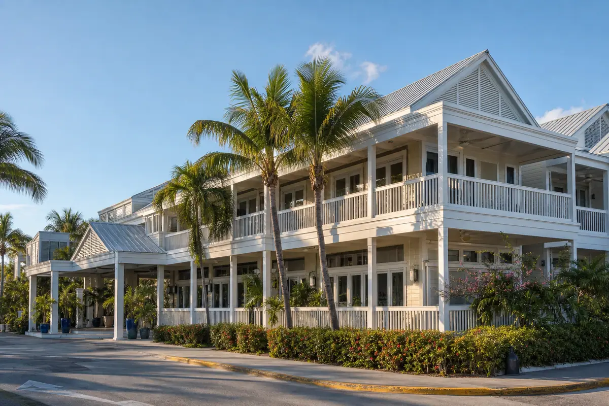 Photoreal colorful waterfront cottages at Ibis Bay Beach Resort in Key West