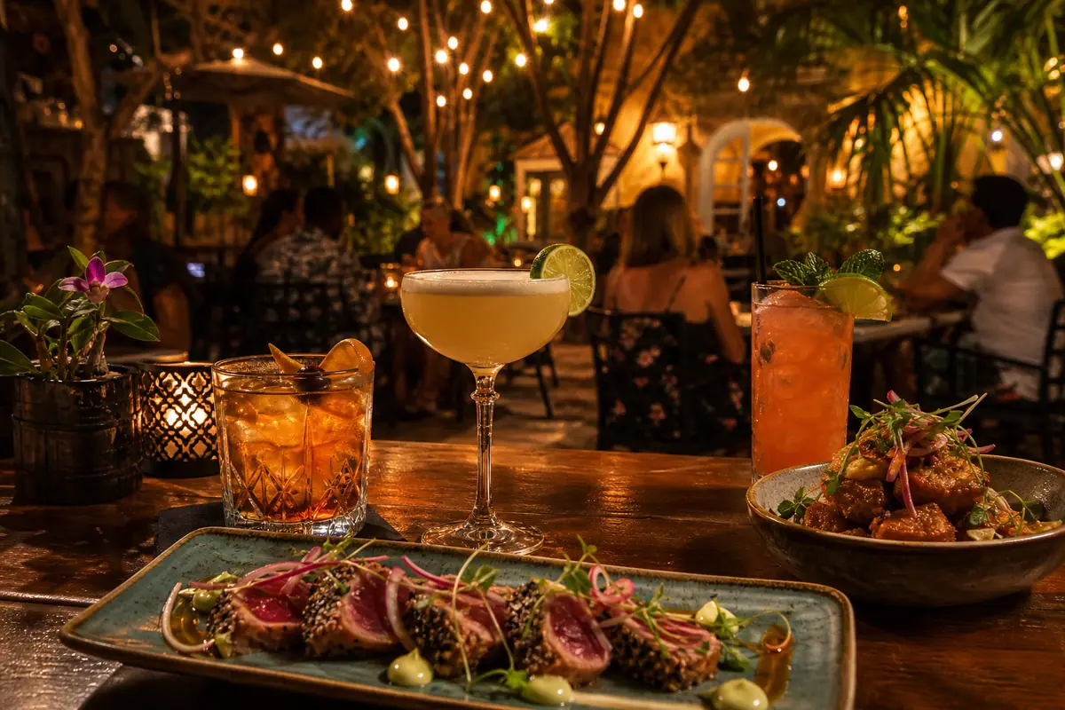 Photoreal cocktails and small plates scene representing First Flight Island Restaurant & Brewery in Key West