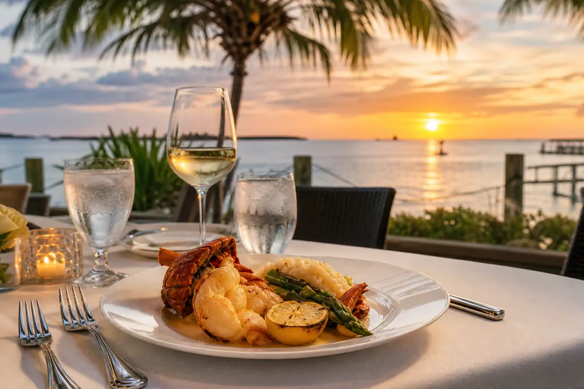Photoreal refined waterfront dinner scene representing Latitudes in Key West