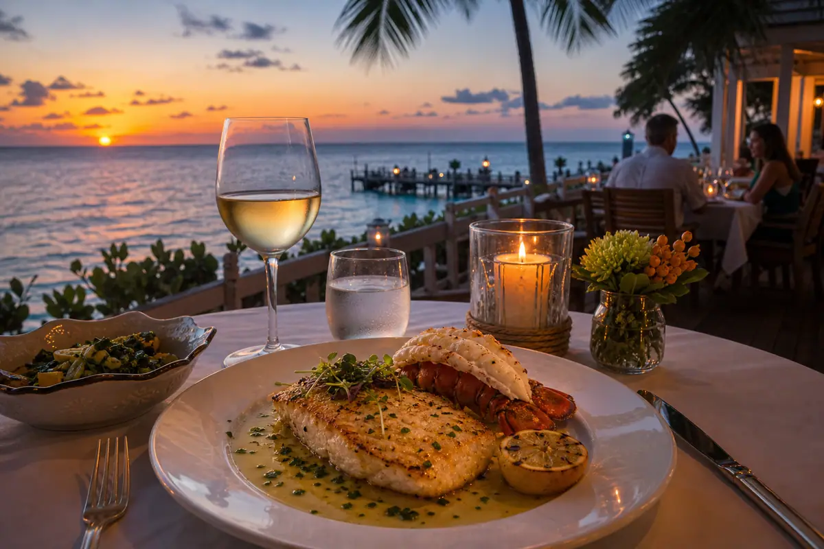 Photoreal oceanfront dinner scene representing Louie's Backyard in Key West