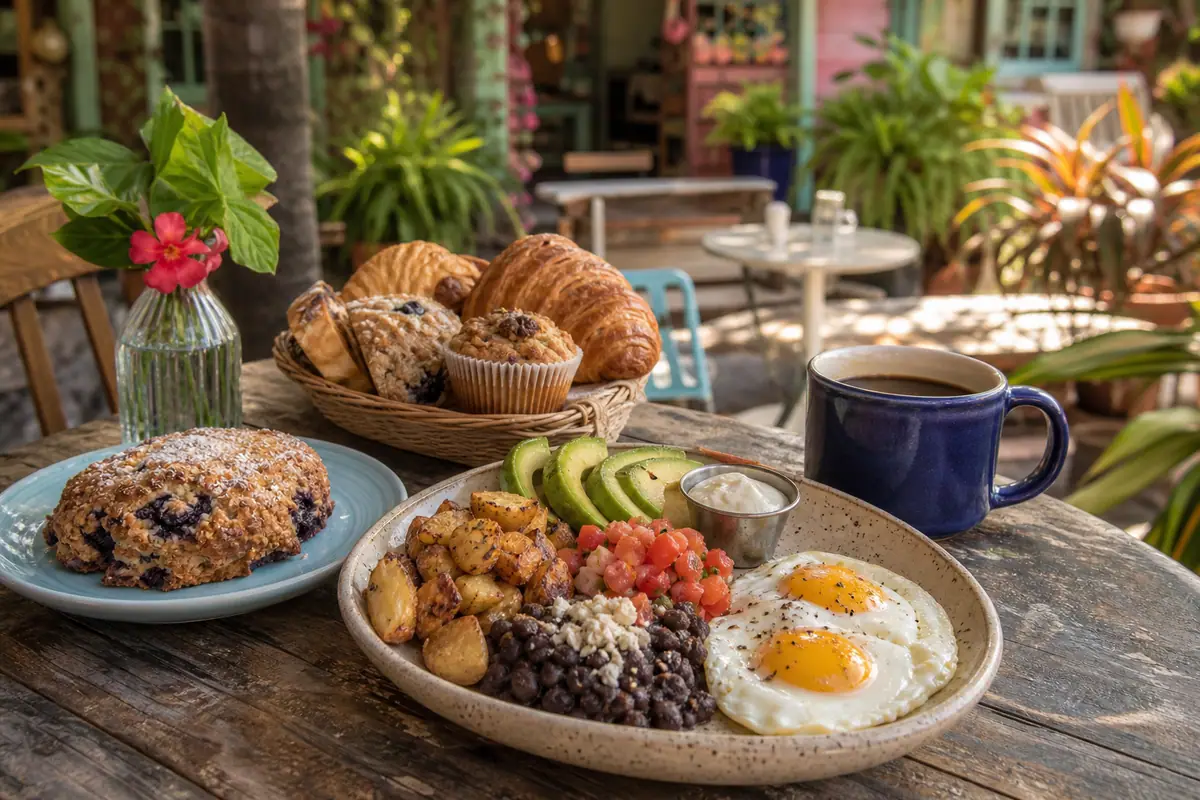 Photoreal pastry and breakfast scene representing Moondog Cafe in Key West