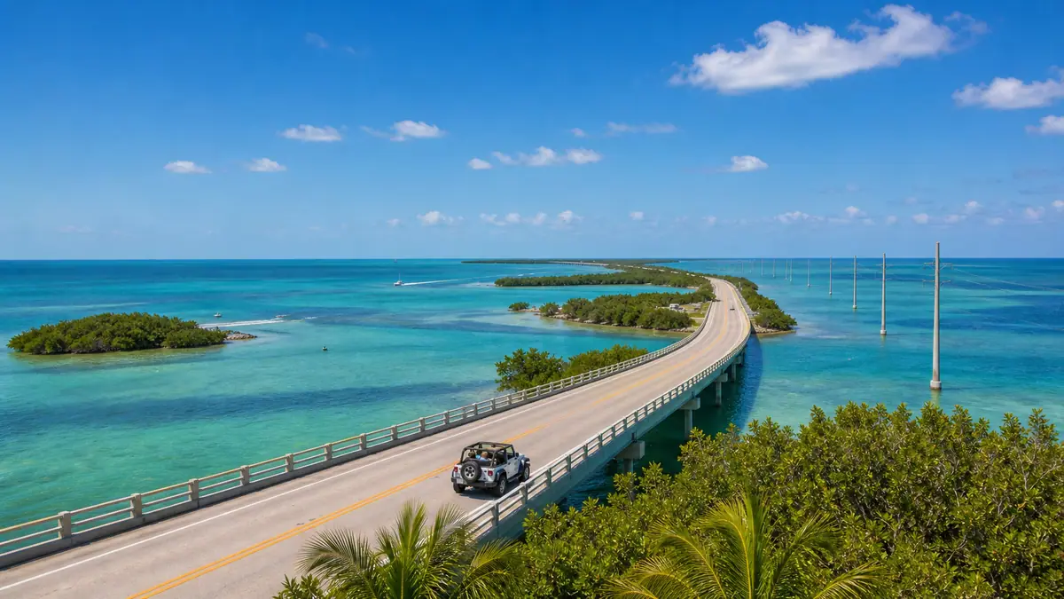 Photoreal Lower Keys scenic drive with turquoise water, bridges, and tropical island views