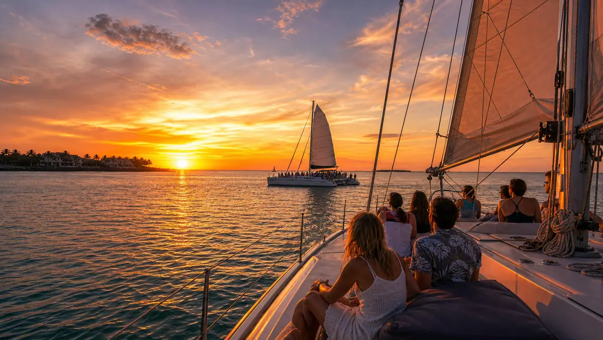 Photoreal Key West sunset sail with catamaran, glowing sky, and calm harbor water