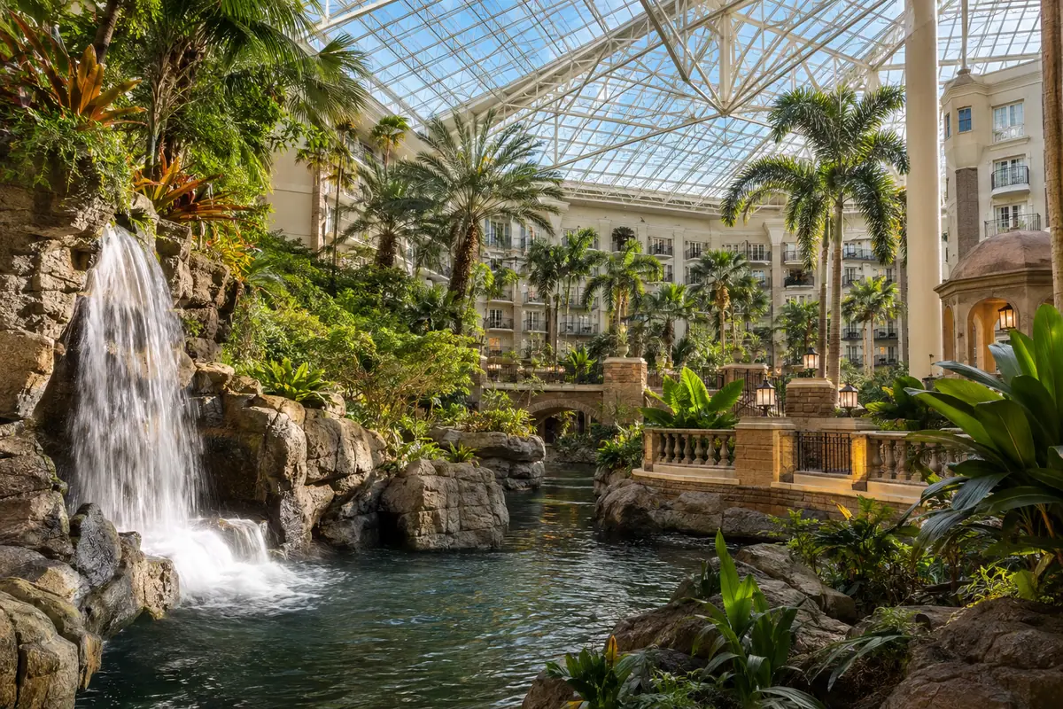 Photoreal travel-editorial view of Gaylord Palms Resort & Convention Center in Kissimmee, Florida