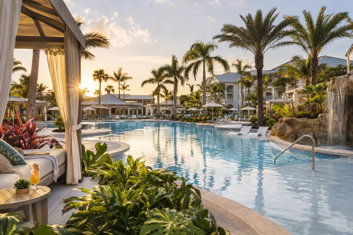 Photoreal travel-editorial view of Margaritaville Resort Orlando in Kissimmee, Florida