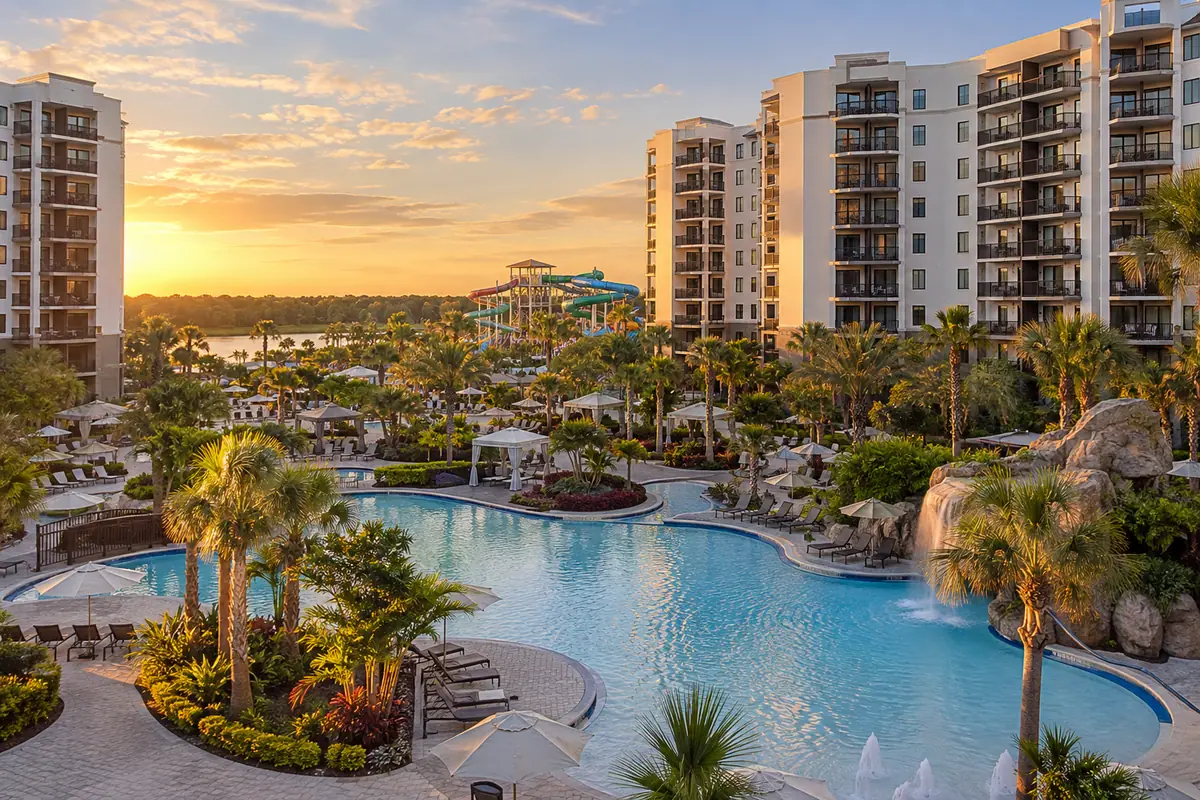 Photoreal travel-editorial view of The Grove Resort & Water Park Orlando in Kissimmee, Florida