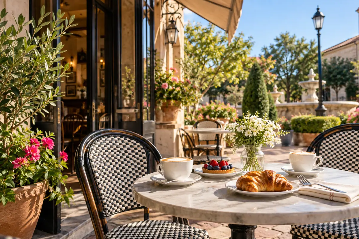 Photoreal travel-editorial view of Le Cafe De Paris in Kissimmee, Florida
