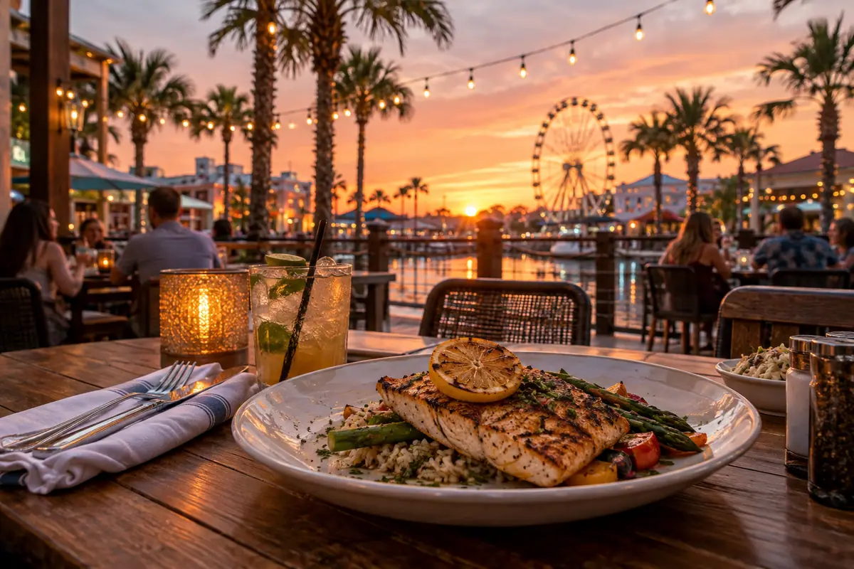 Photoreal travel-editorial view of The Wharf at Sunset Walk in Kissimmee, Florida