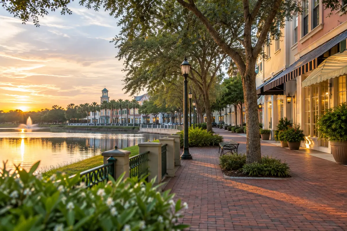 Photoreal travel-editorial view of Celebration Town Center in Kissimmee, Florida