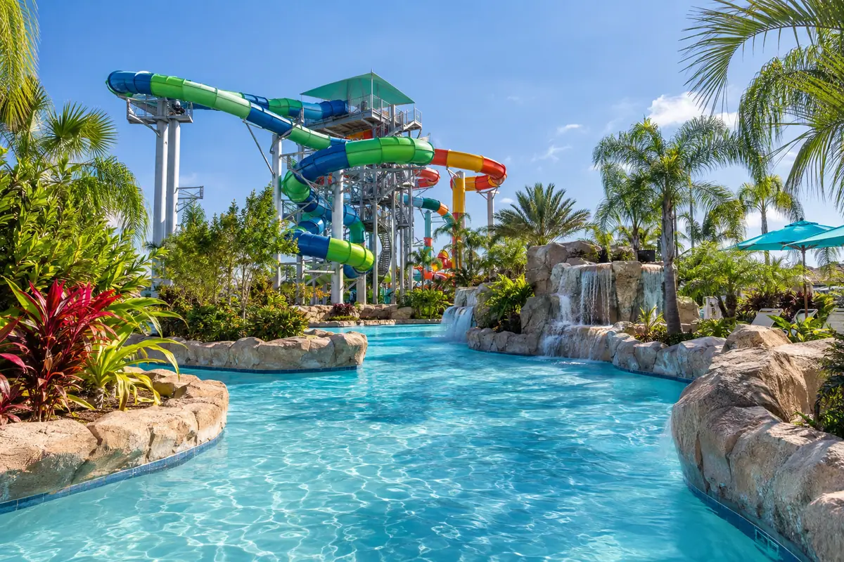 Photoreal travel-editorial view of Island H2O Water Park in Kissimmee, Florida